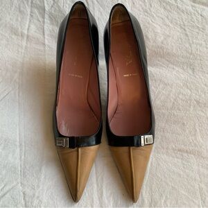 Vintage Prada Buckle Pointy Toe Colorblock Kitten Heels Black Tan Cream